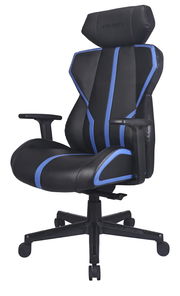 Schwarzer Gaming-Stuhl mit blauen Akzenten, seitliche Perspektive