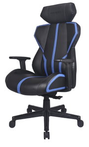Schwarzer Gaming-Stuhl mit blauen Akzenten, seitliche Perspektive