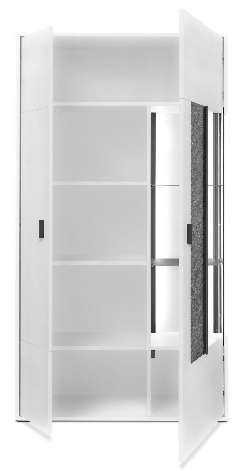 Set one by Musterring Vitrine breit rechts DELTONA Weiße Vitrine mit offenen Türen, frontal betrachtet, zeigt mehrere Regalböden.