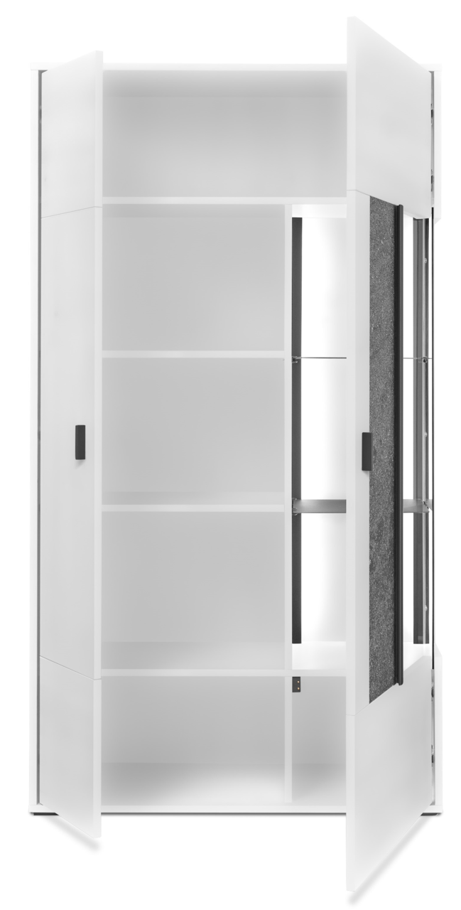 Set one by Musterring Vitrine breit rechts DELTONA Weiße Vitrine mit offenen Türen, frontal betrachtet, zeigt mehrere Regalböden.