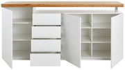 Frontansicht eines XL-Sideboards mit offenen Türen und Schubladen, weiß mit Holzplatte.