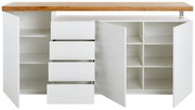 Frontansicht eines XL-Sideboards mit offenen Türen und Schubladen, weiß mit Holzplatte.