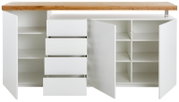 Frontansicht eines XL-Sideboards mit offenen Türen und Schubladen, weiß mit Holzplatte.