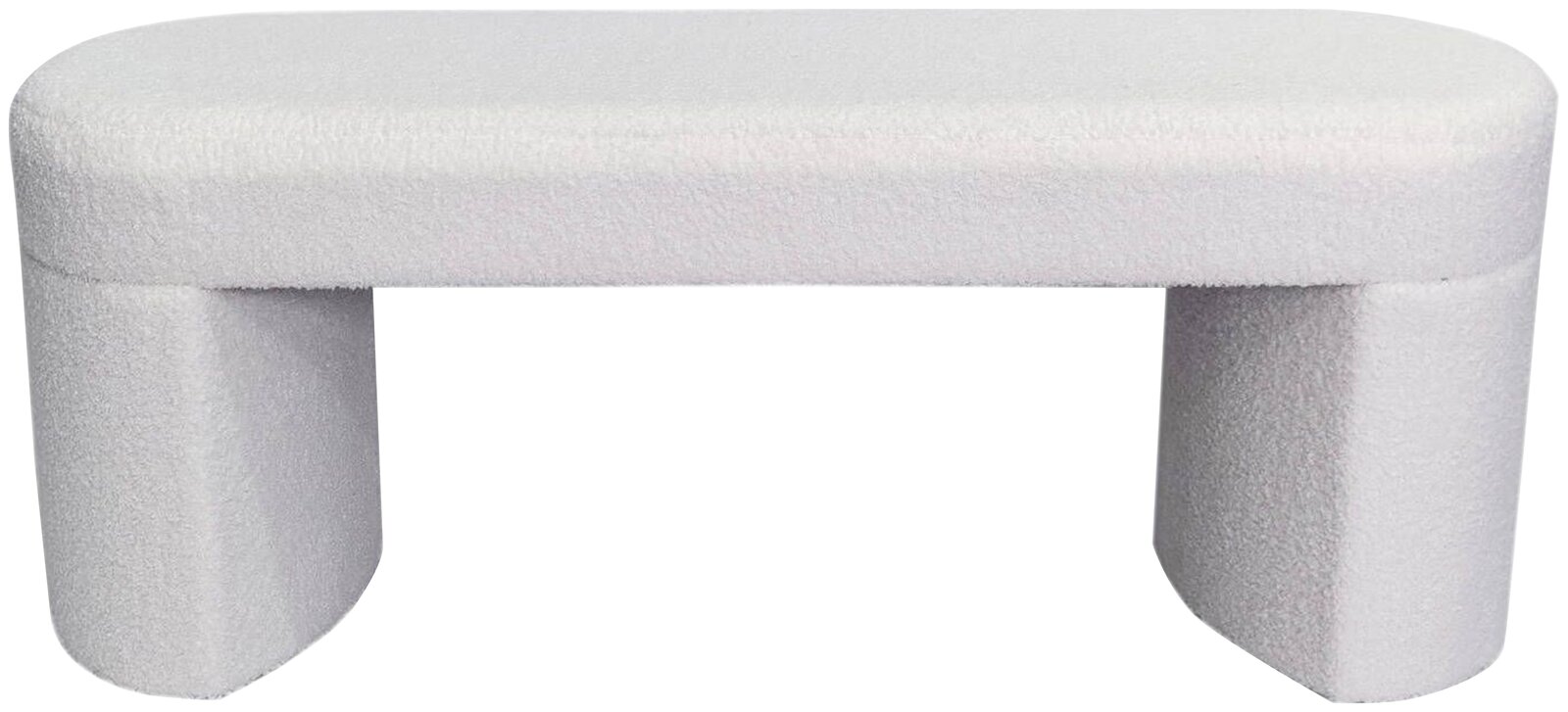 Weiße, moderne Bank mit abgerundeten Kanten, frontal fotografiert.
