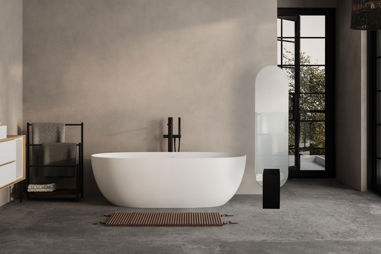 Moderner Standspiegel 45x180cm in einem stilvollen Badezimmer, seitliche Perspektive.