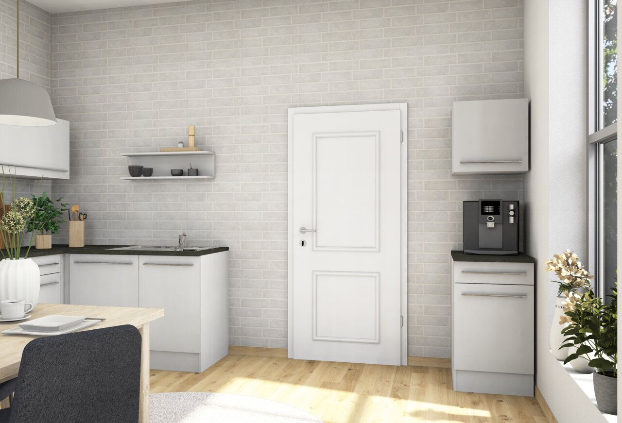 Yourkitchen Hängeschrank JAZZ Moderne Küche mit Hängeschrank JAZZ in seitlicher Perspektive, neben einer Tür und über einer Kaffeemaschine.