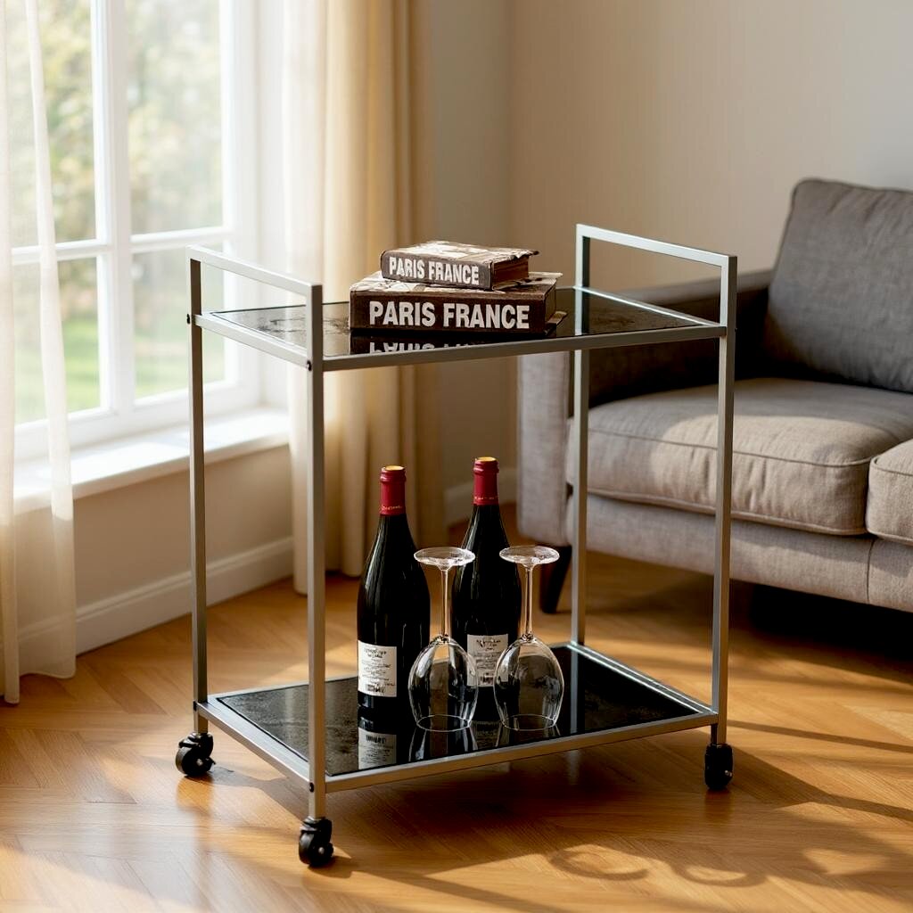 Moderner Servierwagen aus Metall mit zwei Glasablagen und Rollen, im Wohnzimmer neben einem grauen Sofa, mit Weinflaschen, Weingläsern und Büchern dekoriert, perspektivisch in leichter Seitenansicht aufgenommen.