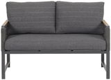 Zweisitzige Sitzbank in grauem Stoff mit Metallrahmen, Vorderansicht