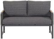 Zweisitzige Sitzbank in grauem Stoff mit Metallrahmen, Vorderansicht