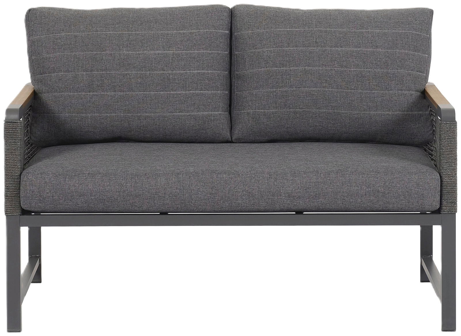 Zweisitzige Sitzbank in grauem Stoff mit Metallrahmen, Vorderansicht
