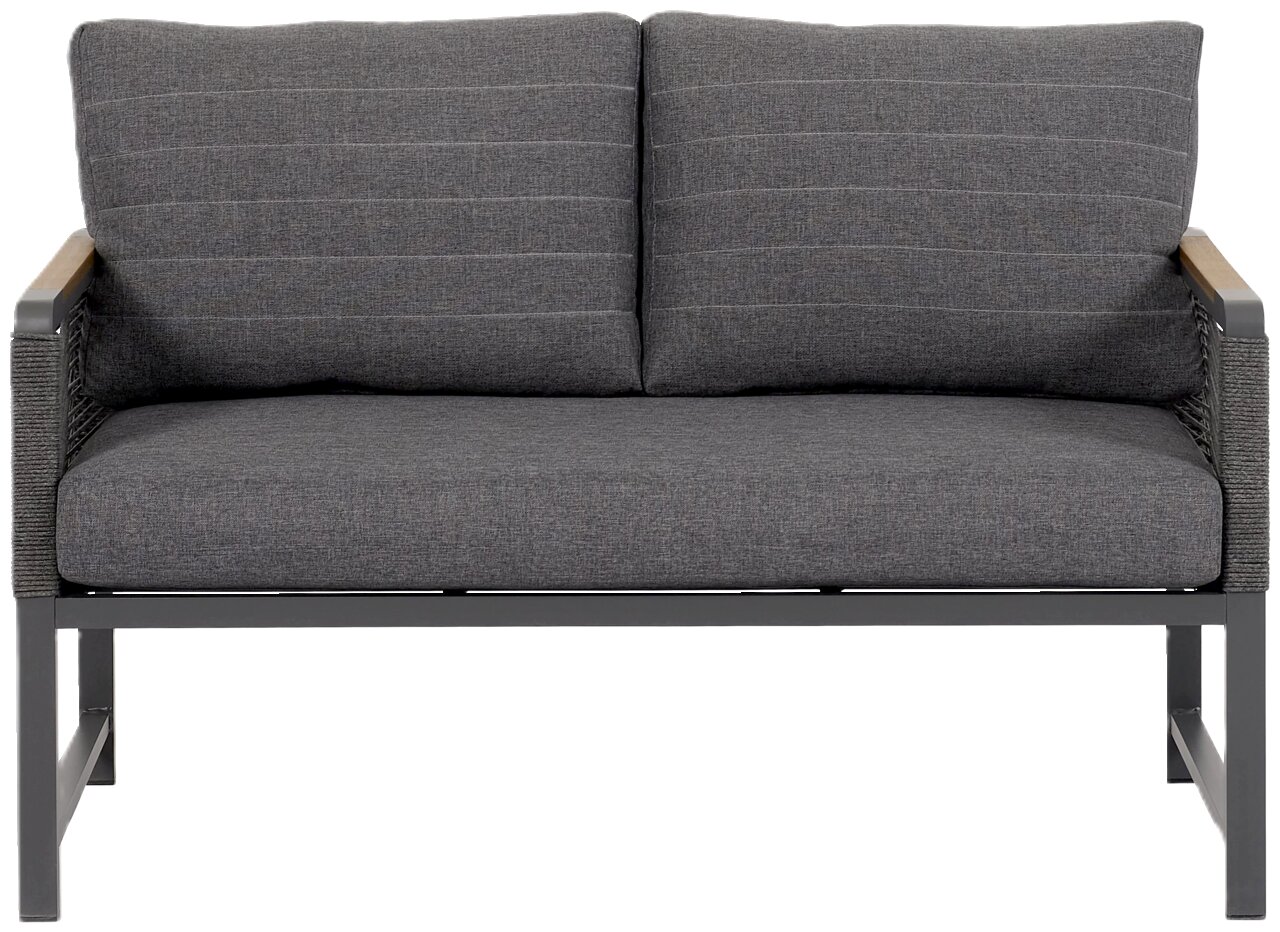 Zweisitzige Sitzbank in grauem Stoff mit Metallrahmen, Vorderansicht