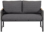 Zweisitzige Sitzbank in grauem Stoff mit Metallrahmen, Vorderansicht