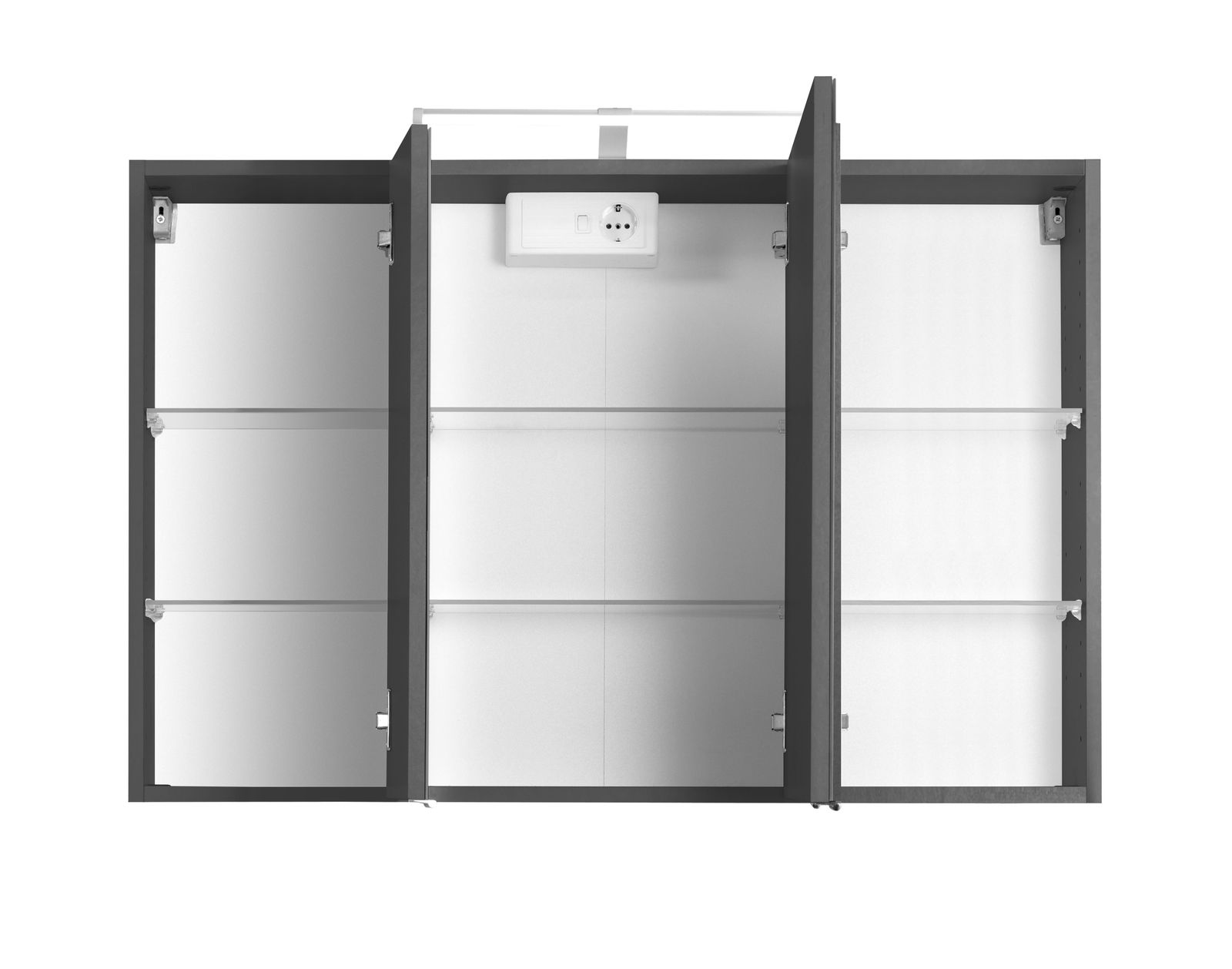 Spiegelschrank mit drei Türen, geöffnet, mit Steckdose und Glasböden, Frontalansicht