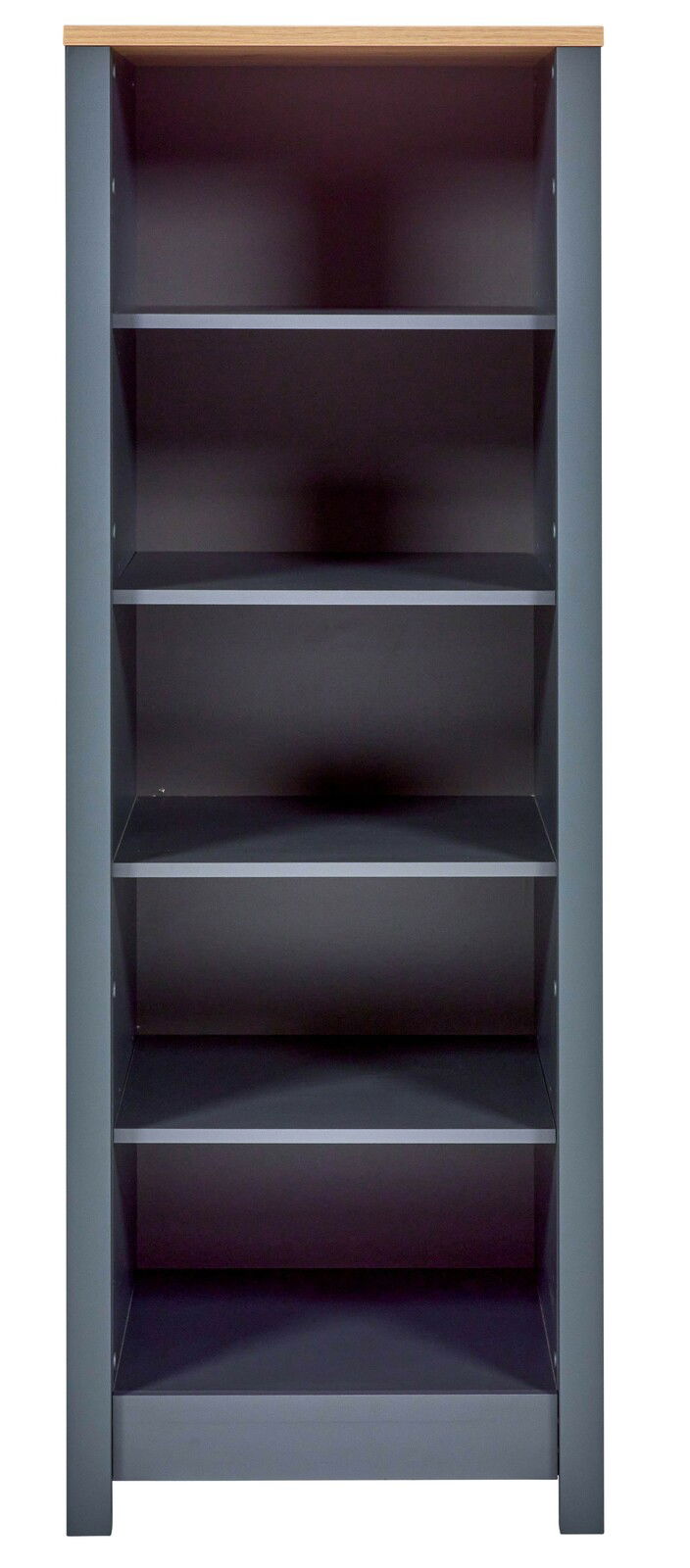 Frontale Ansicht eines modernen Standregals mit fünf offenen Regalböden und einer Holzoberfläche.