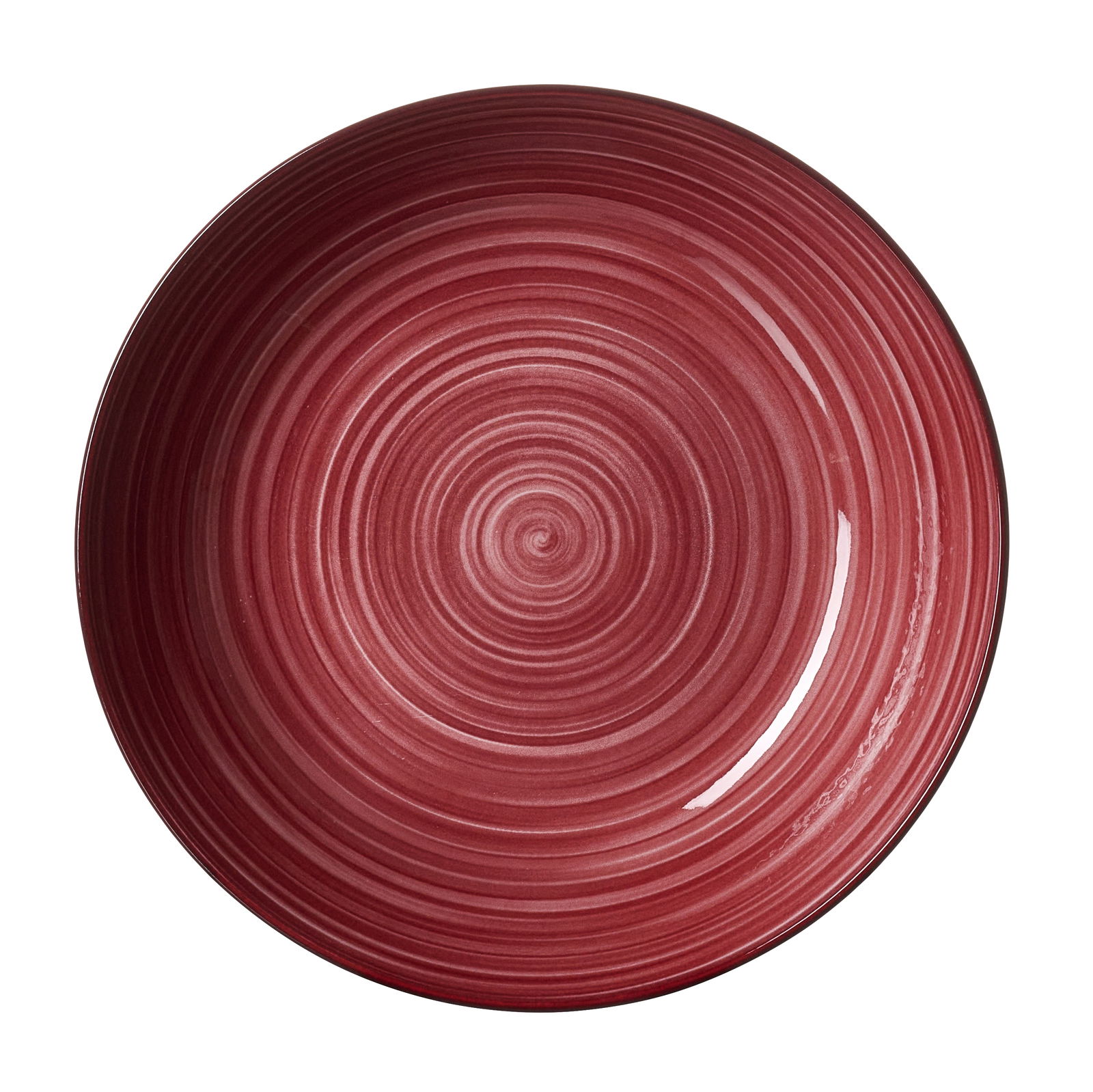 Burgunderfarbener Teller mit kreisförmigem Muster, Draufsicht