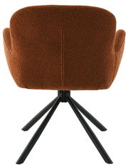 Rückansicht eines braunen Armlehnstuhls mit schwarzem Metallgestell