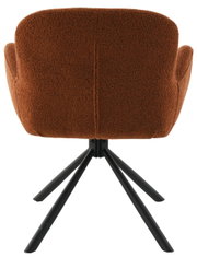 Achterkant van een bruine fauteuil met een zwart metalen frame