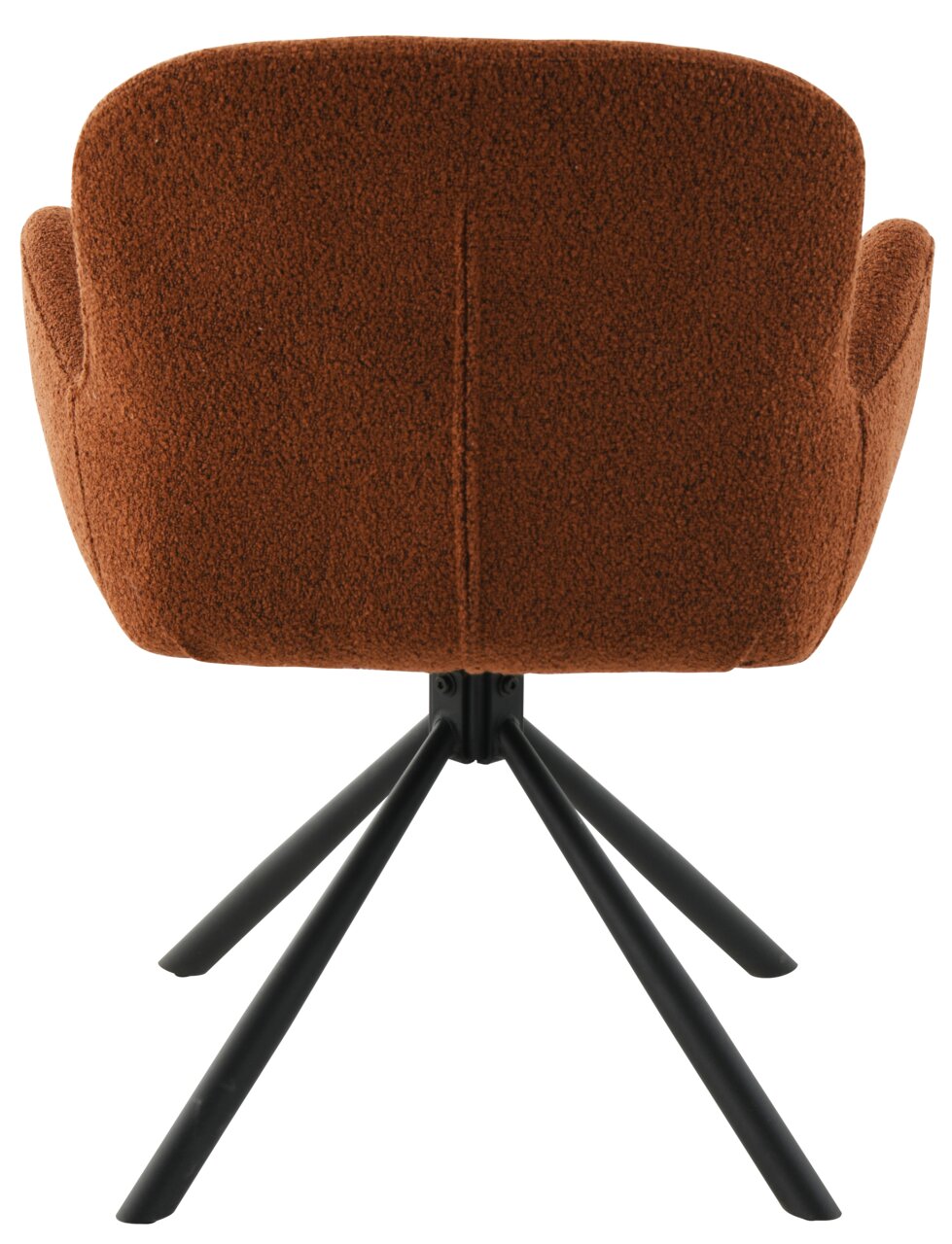 Achterkant van een bruine fauteuil met een zwart metalen frame
