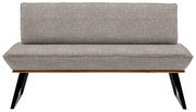 Graue Bank mit Stoffbezug, Holzrahmen und schwarzen Metallbeinen, Frontalansicht
