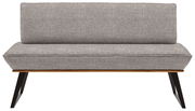 Graue Bank mit Stoffbezug, Holzrahmen und schwarzen Metallbeinen, Frontalansicht