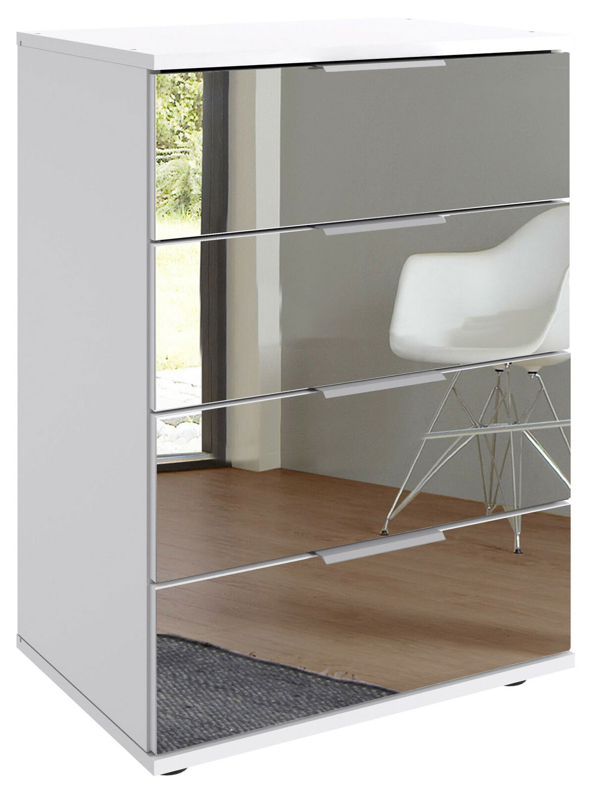 Moderne Nachtkommode mit spiegelnder Front, seitliche Perspektive