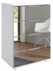 Moderne Nachtkommode mit spiegelnder Front, seitliche Perspektive