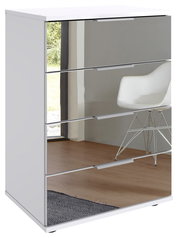 Moderne Nachtkommode mit spiegelnder Front, seitliche Perspektive