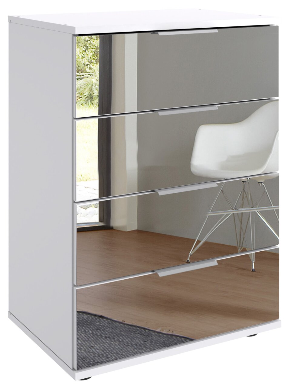 Moderne Nachtkommode mit spiegelnder Front, seitliche Perspektive