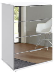 Moderne Nachtkommode mit spiegelnder Front, seitliche Perspektive