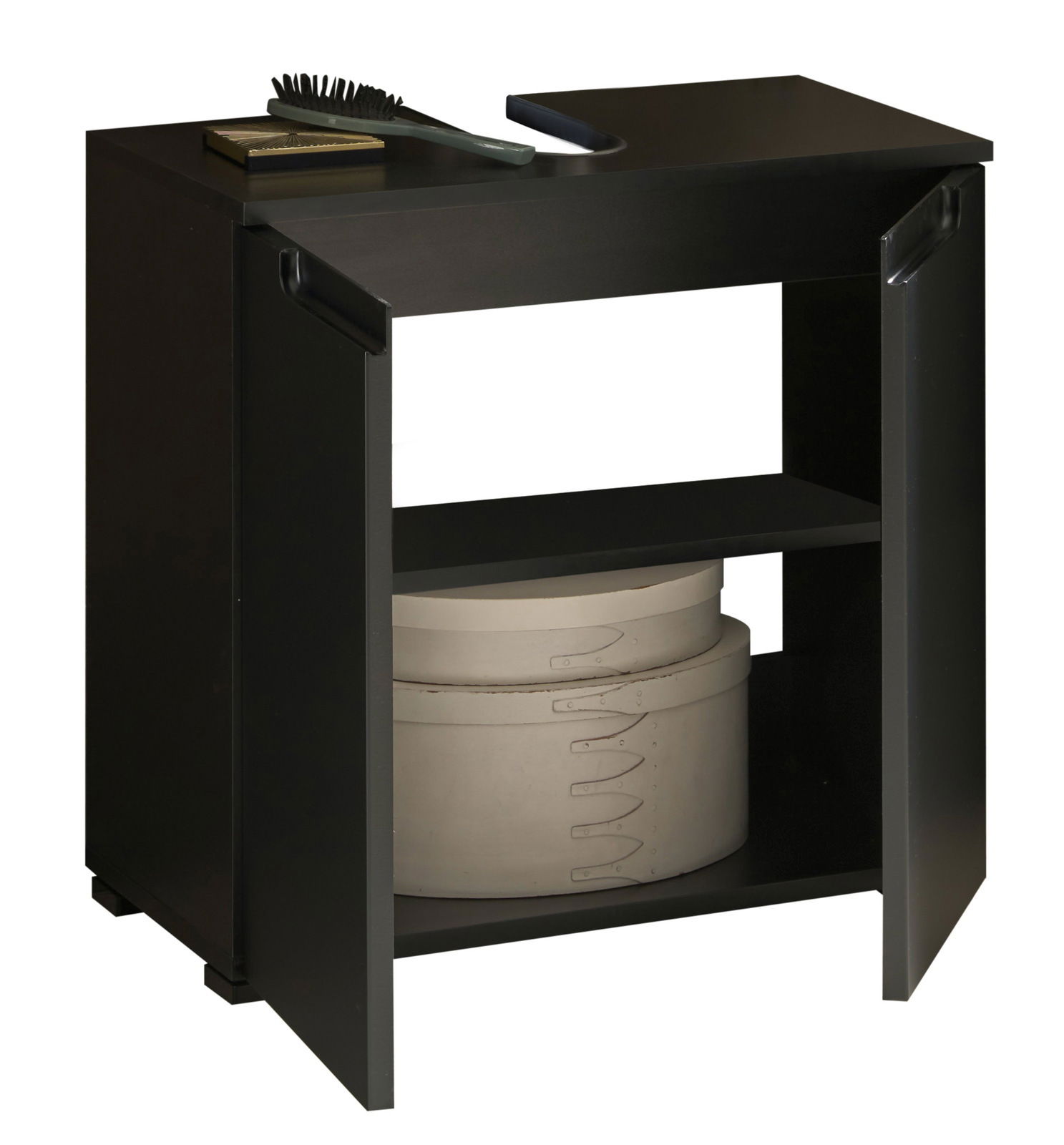 XORA Waschbeckenunterschrank SPICE Schwarzer Waschbeckenunterschrank mit zwei offenen Türen, zwei Regalböden und einer Aussparung für das Waschbecken, seitliche Perspektive