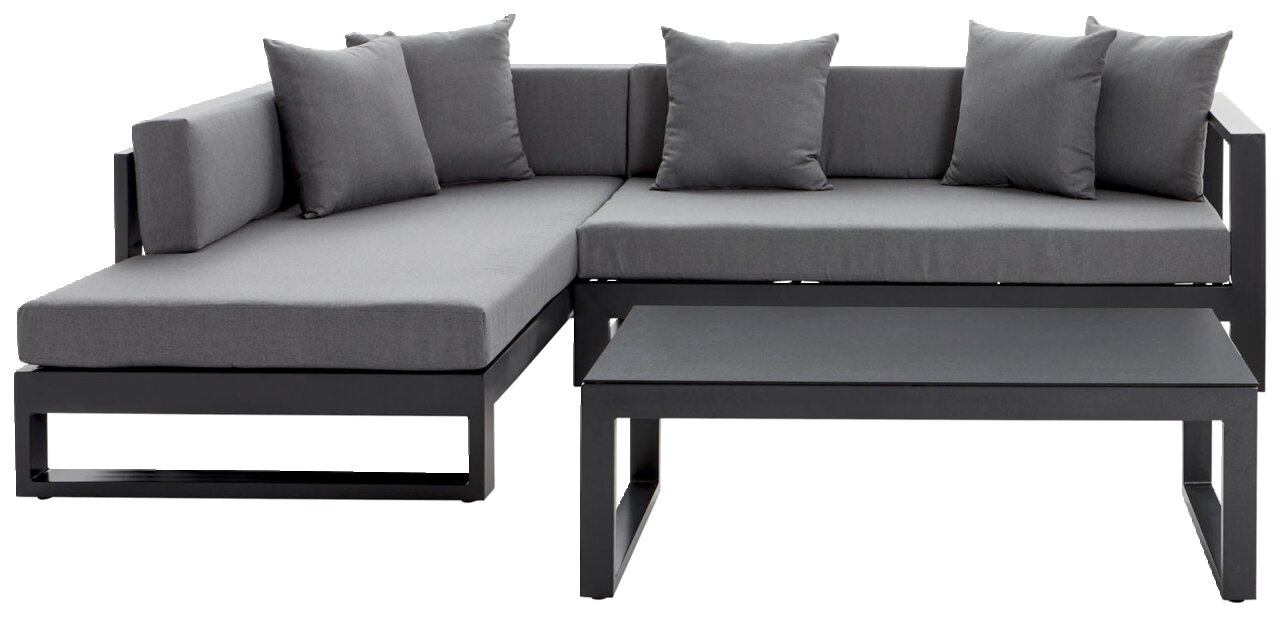Frontansicht einer modernen grauen Outdoor-Lounge-Eckgruppe mit schwarzem Metallgestell, grauen Sitz- und Rückenkissen sowie passendem rechteckigen Couchtisch auf weißem Hintergrund