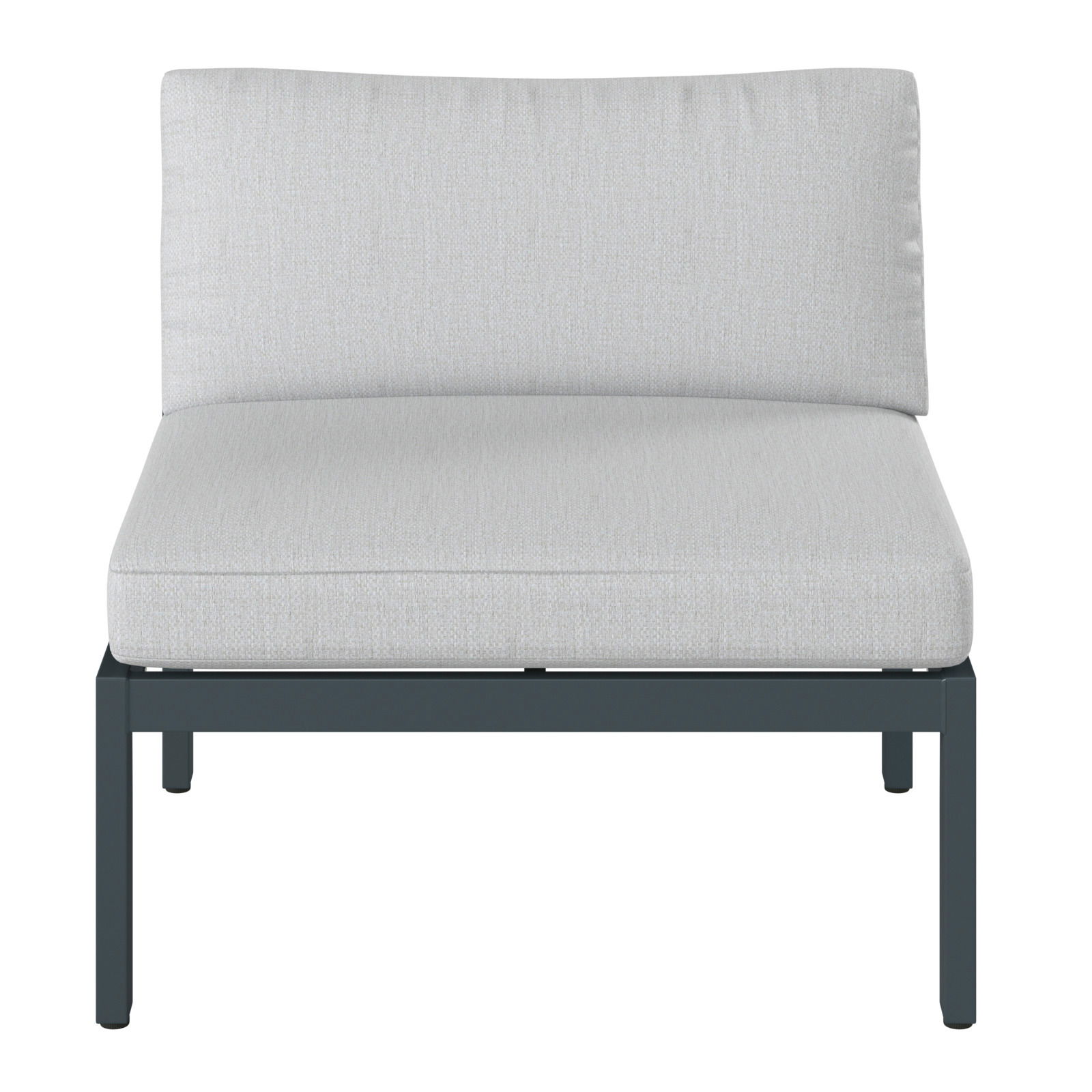 Frontale Ansicht eines modernen Lounge-Sofas ohne Armlehnen mit grauem Polster und schwarzem Metallrahmen.