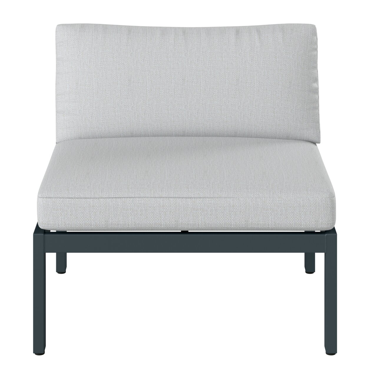 Frontale Ansicht eines modernen Lounge-Sofas ohne Armlehnen mit grauem Polster und schwarzem Metallrahmen.