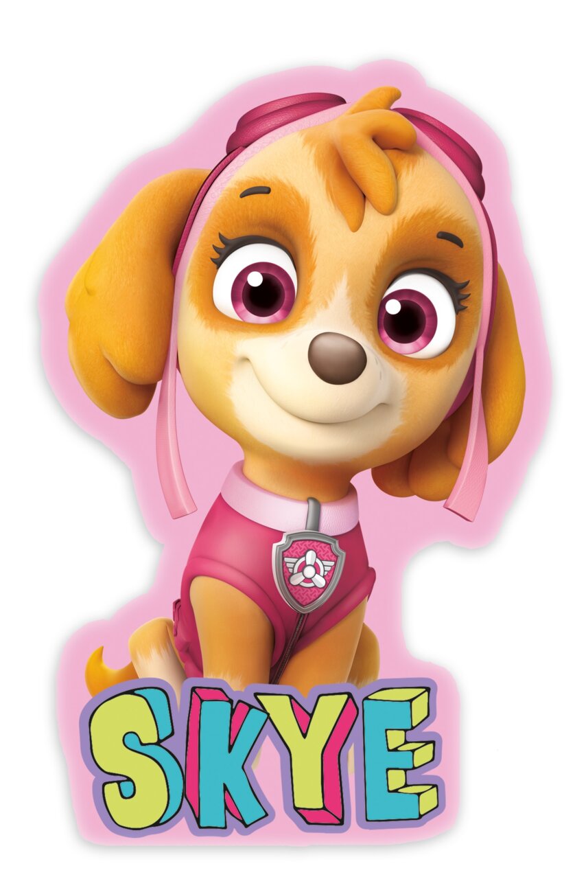 Skye-vormkussen met vrolijk hondenmotief in een roze pilotenoutfit, vooraanzicht