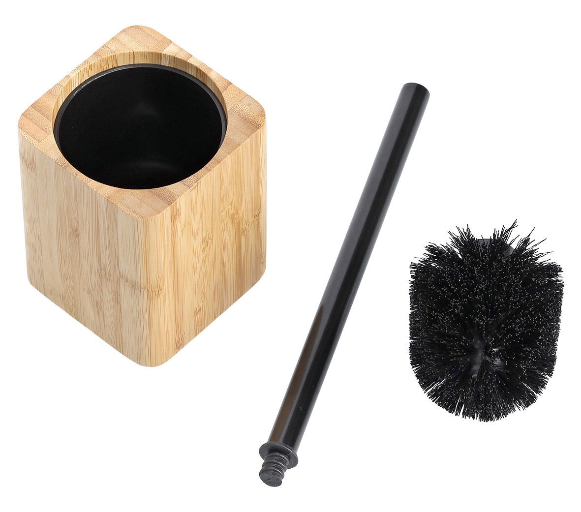 WC-Bürste mit schwarzem Bürstenkopf, schwarzem Stiel und quadratischem Bambus-Halter, Ansicht von oben