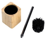 WC-Bürste mit schwarzem Bürstenkopf, schwarzem Stiel und quadratischem Bambus-Halter, Ansicht von oben