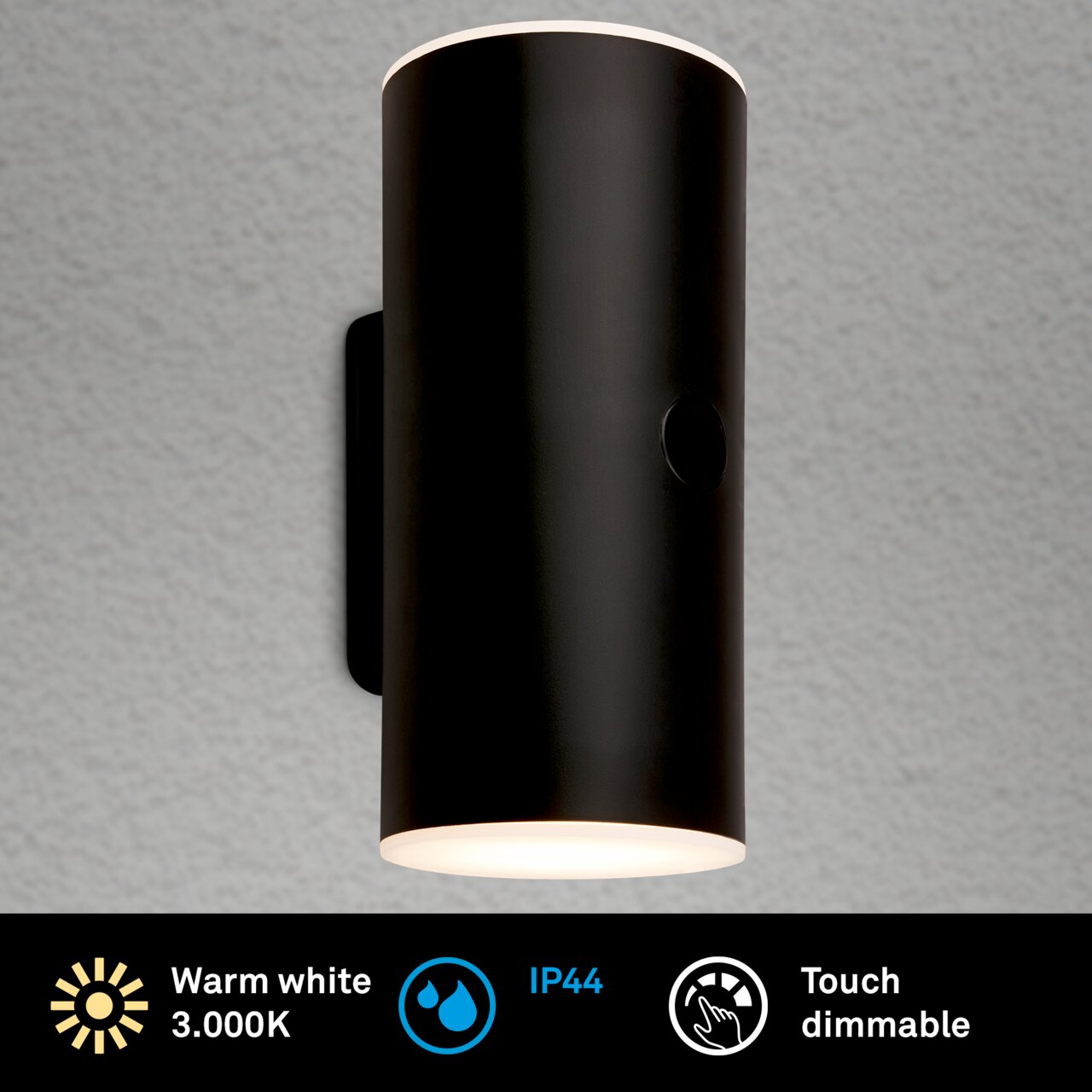 Schwarze zylindrische Akku-Außenwandleuchte von Briloner, seitliche Perspektive, warmweißes Licht 3000K, IP44, Touch-Dimmfunktion.