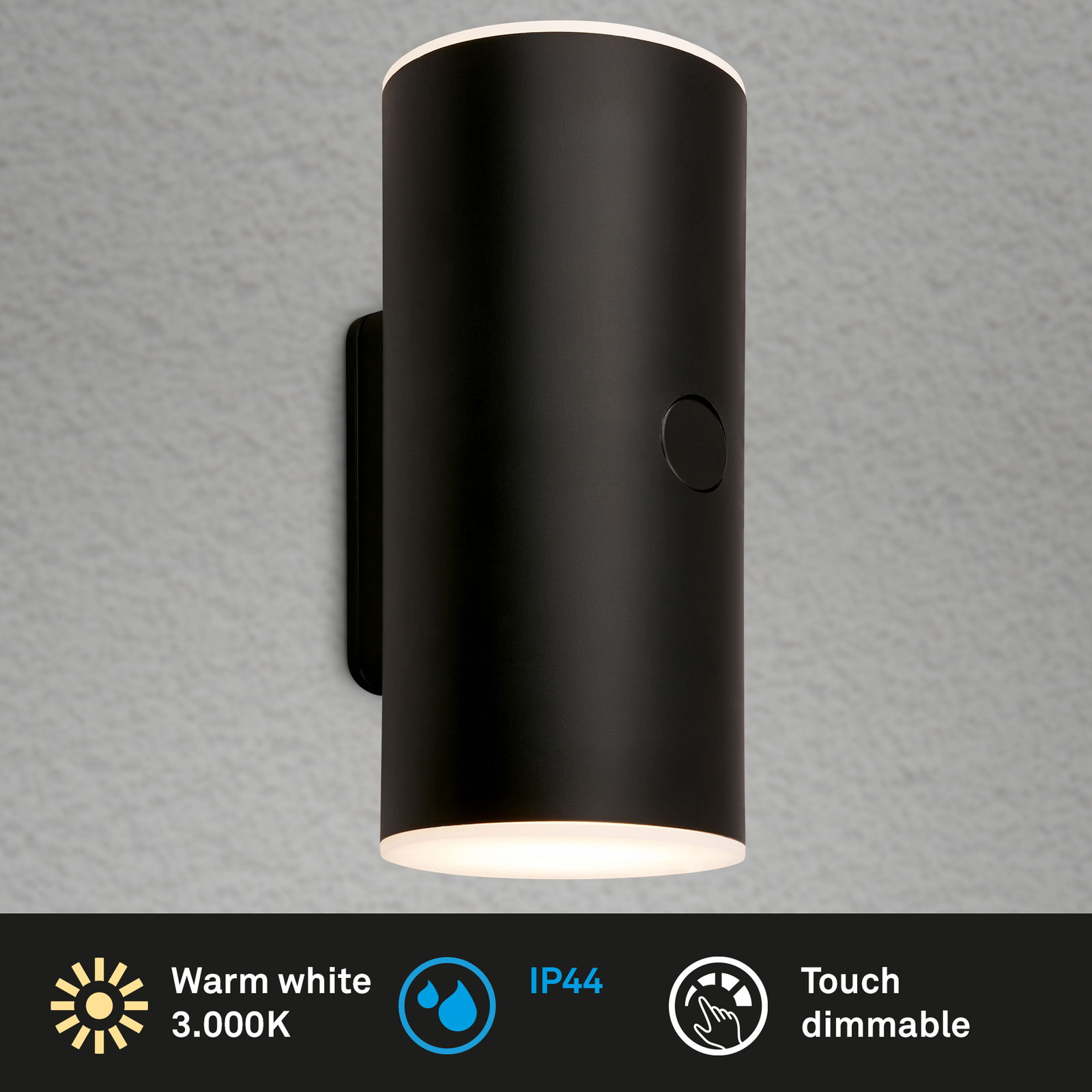 Schwarze zylindrische Akku-Außenwandleuchte von Briloner, seitliche Perspektive, warmweißes Licht 3000K, IP44, Touch-Dimmfunktion.