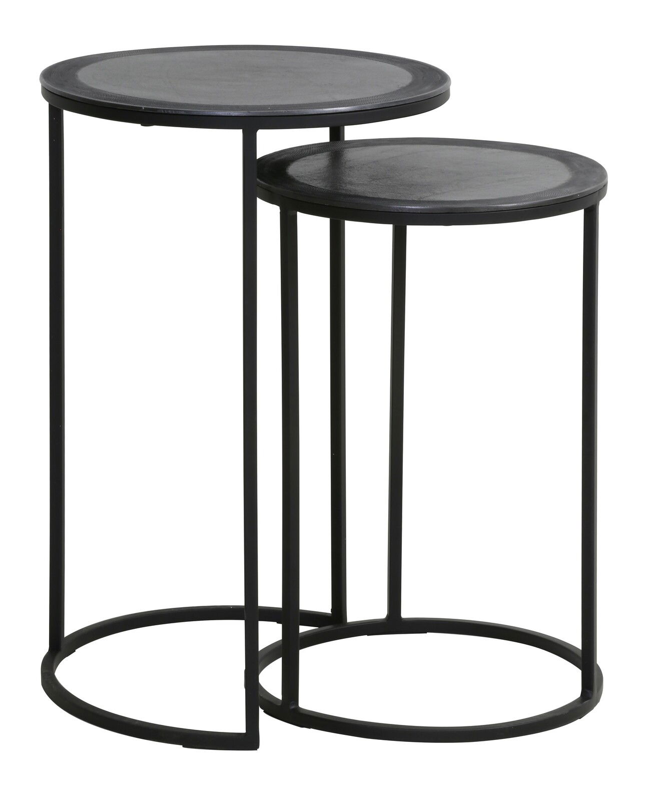 Zwei runde, schwarze Beistelltische aus Metall, ineinander verschachtelt, seitliche Perspektive