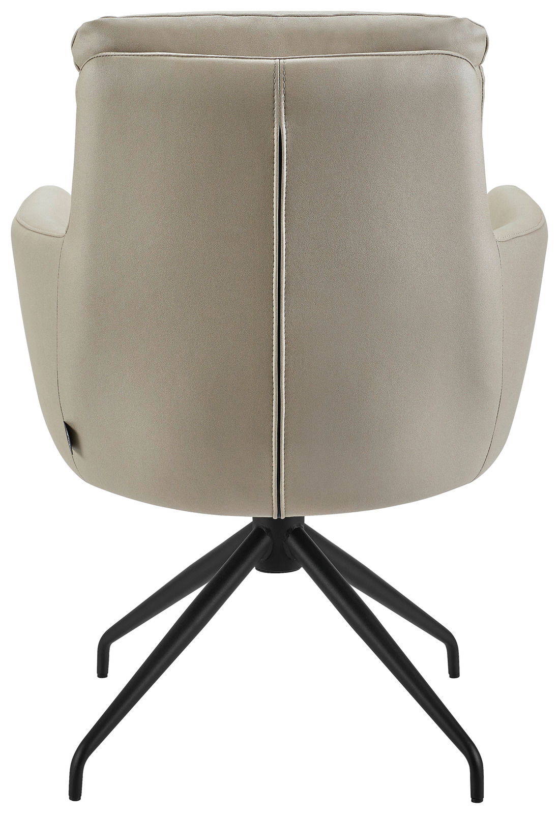 Rückansicht eines beigen Armlehnstuhls mit schwarzem Metallgestell.