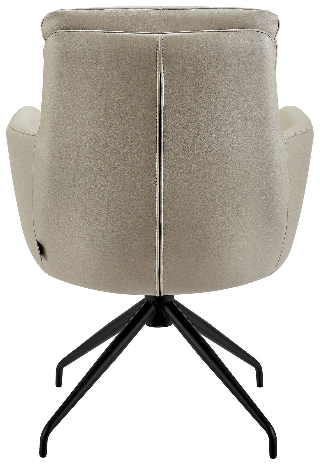 Rückansicht eines beigen Armlehnstuhls mit schwarzem Metallgestell.