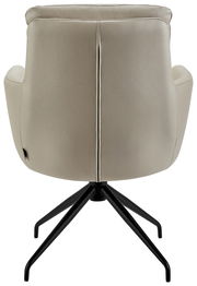 Rückansicht eines beigen Armlehnstuhls mit schwarzem Metallgestell.