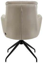 Rückansicht eines beigen Armlehnstuhls mit schwarzem Metallgestell.