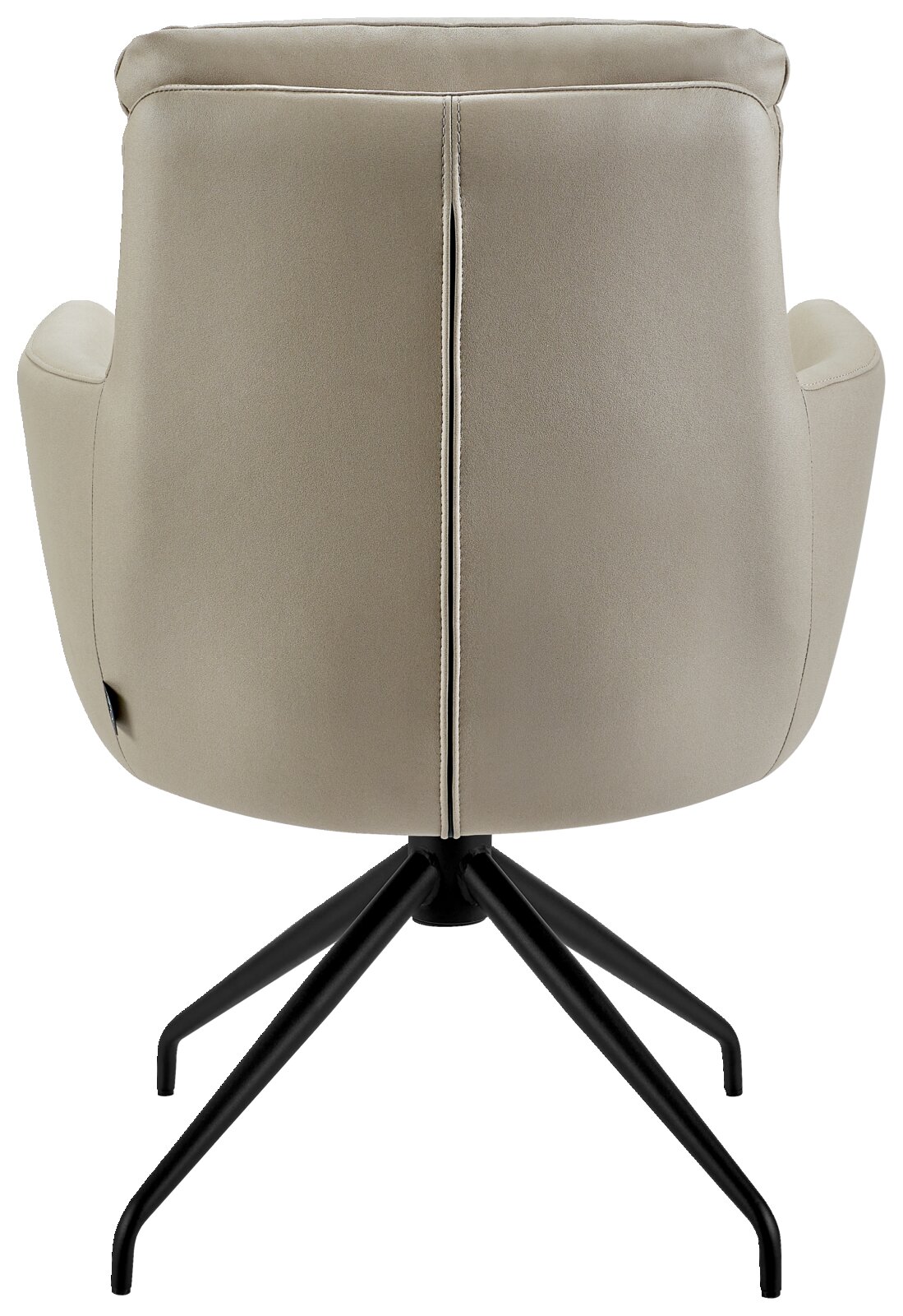Rückansicht eines beigen Armlehnstuhls mit schwarzem Metallgestell.