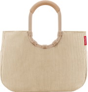 Beige gerippte Reisenthel Handtasche mit ovalem Kunststoffgriff und rotem Logo-Label, Frontansicht vor weißem Hintergrund.