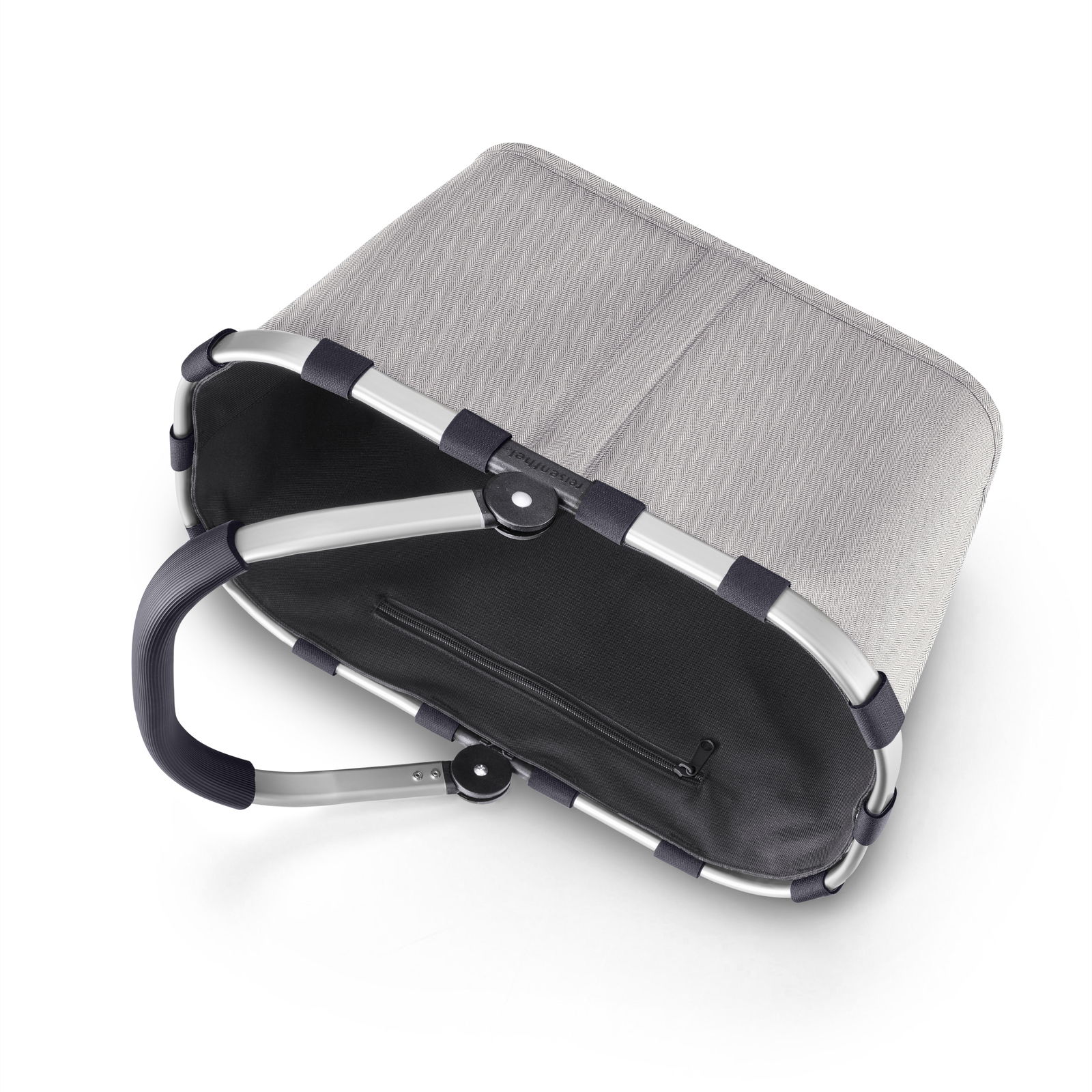 Grauer Einkaufskorb in Herringbone-Muster, von oben betrachtet, mit stabilem Aluminiumrahmen und ergonomischem Griff.