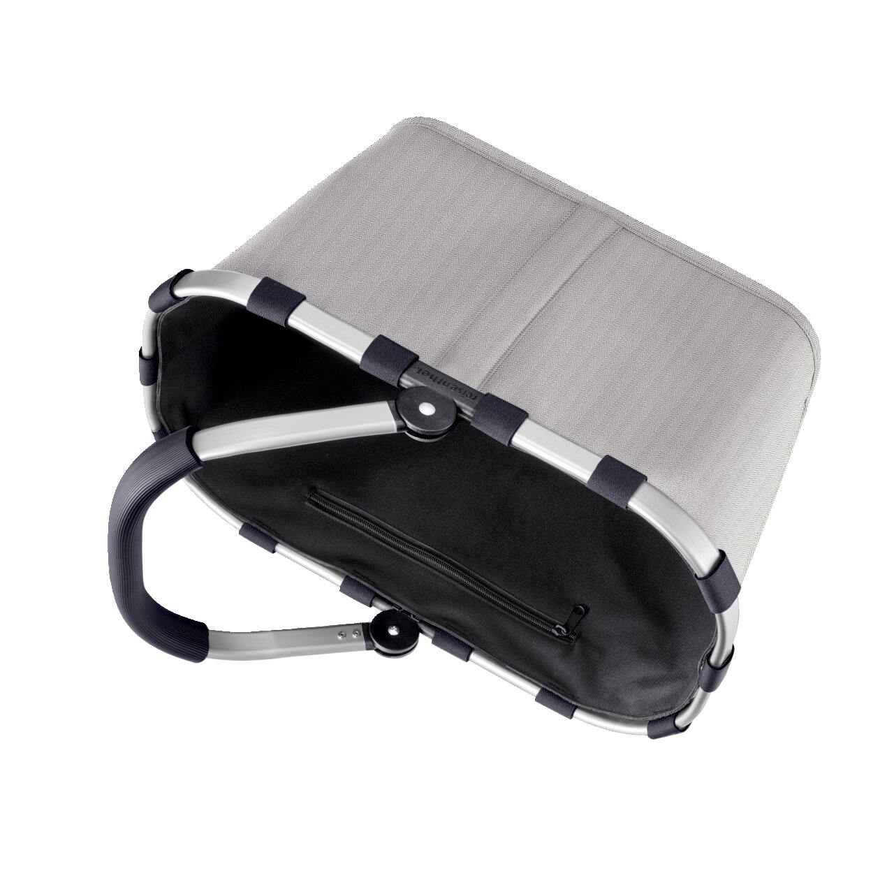 Grijze boodschappenmand met visgraatpatroon, gezien van bovenaf, met een stevig aluminium frame en een ergonomische handgreep.
