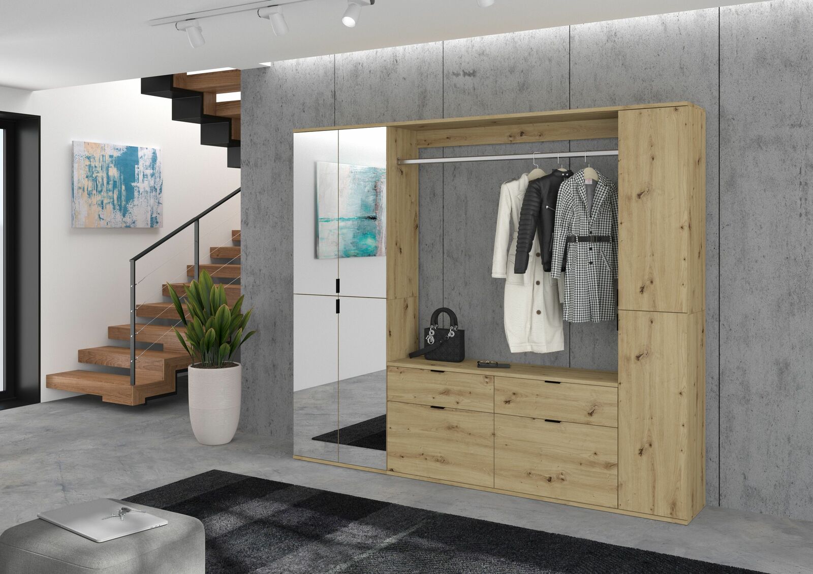 Moderner Hochschrank aus Holz mit Spiegel und Kleiderstange, frontal fotografiert in einem stilvollen Wohnraum.