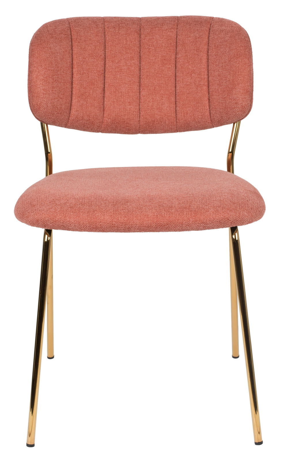 Vorderansicht eines modernen Stuhls mit rosafarbenem Stoffbezug und goldenen Metallbeinen.