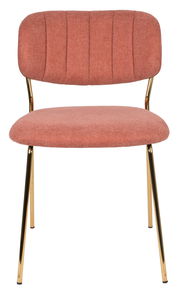 Vorderansicht eines modernen Stuhls mit rosafarbenem Stoffbezug und goldenen Metallbeinen.